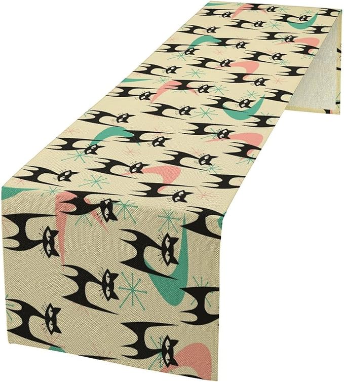 Mid Century Table Runner, Cat Geometric Stripe Colorful Abstract Pattern Print by Kurtect