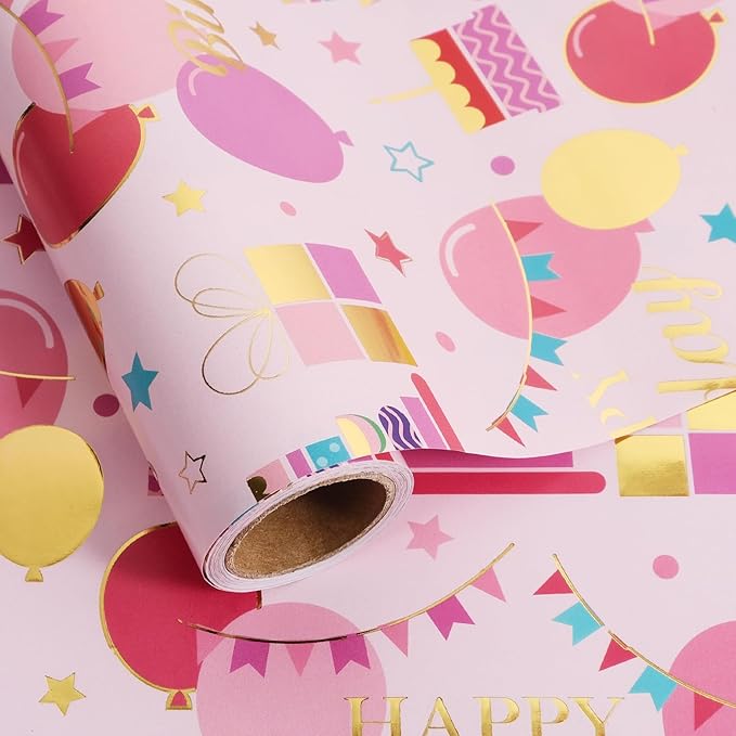 Aimyoo Pink Birthday Wrapping Paper Roll by Aimyoo