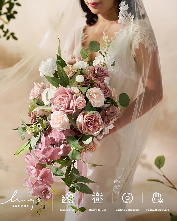 Ling's moment Dusty Rose Bridal Bouquet Cascading, 15 Inch Bride Bouquet - Image 2