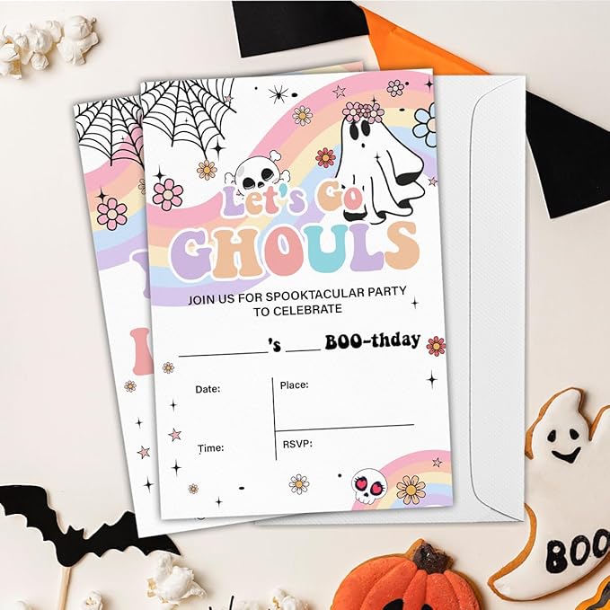 Halloween Birthday Invitations Groovy Rainbow Ghost Halloween Birthday Party - Image 5