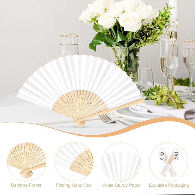 50Set Wedding Hand Fans Party Favors White Paper Folding Handheld Fans Bulk - Image 3