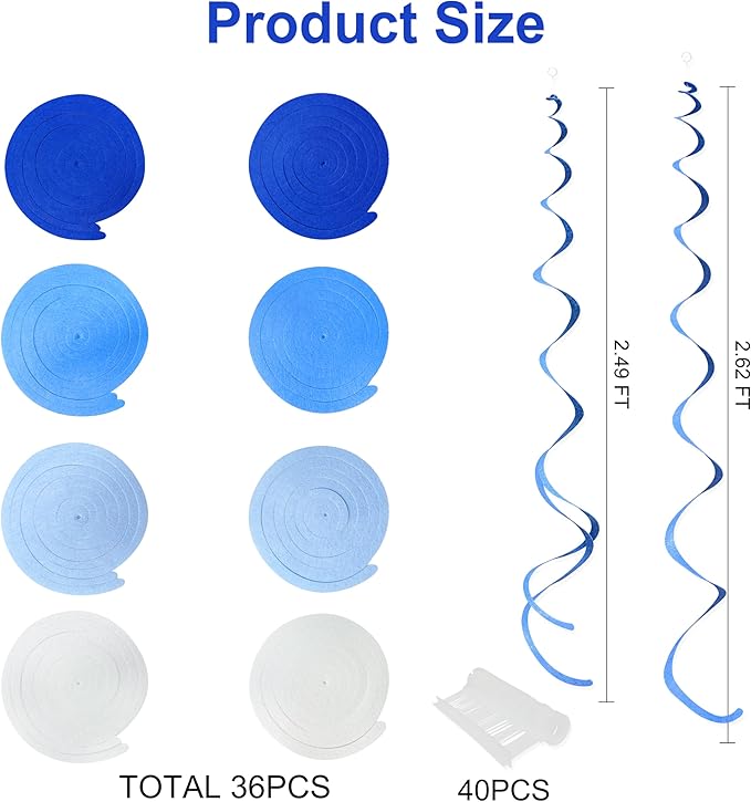 36 Pcs Blue Hanging Swirl Decorations Ombre Royal Blue White Felt Swirl - Image 2