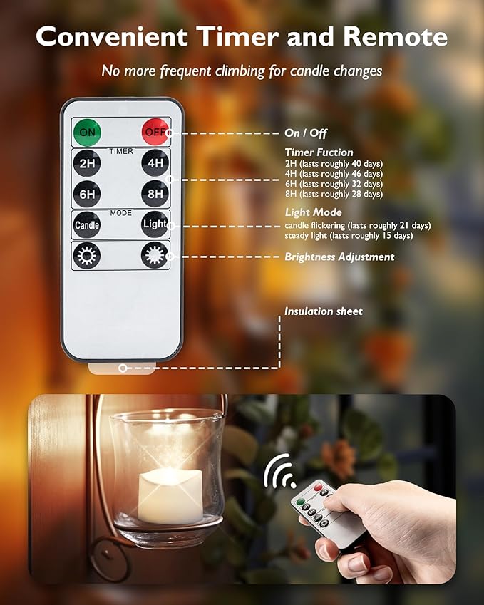 Homemory 12pcs Remote Timer LED Tea Lights Candles, 400+Hours Flickering - Image 6
