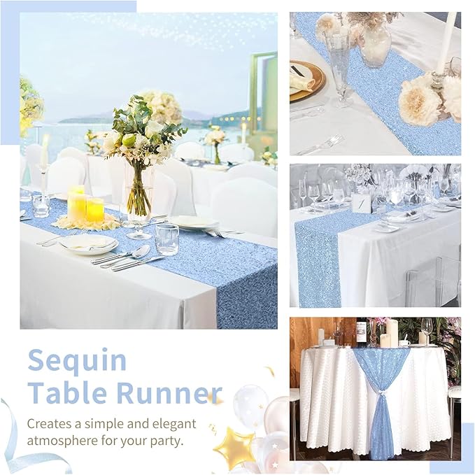 Sequin Table Runners 2 Pieces Baby Blue Table Runners 12x72 Inch Glitter Dining - Image 4