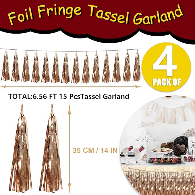 4P Champagne Gold Foil Fringe Tassel Banner Garland Metallic Tinsel Streamers - Image 2