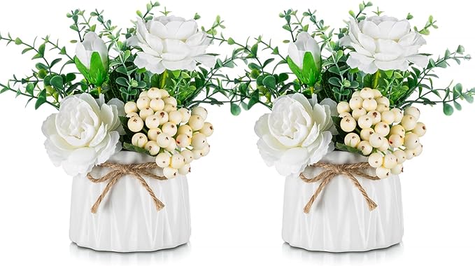 BLOSMON Table Decor Artificial Flowers Vase 7 Inch Small Fake Flower White by Blosmon