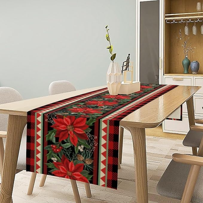 Christmas Table Runner, Seasonal Winter Xmas Holiday Plaid Table Cloth Kitchen - Image 2