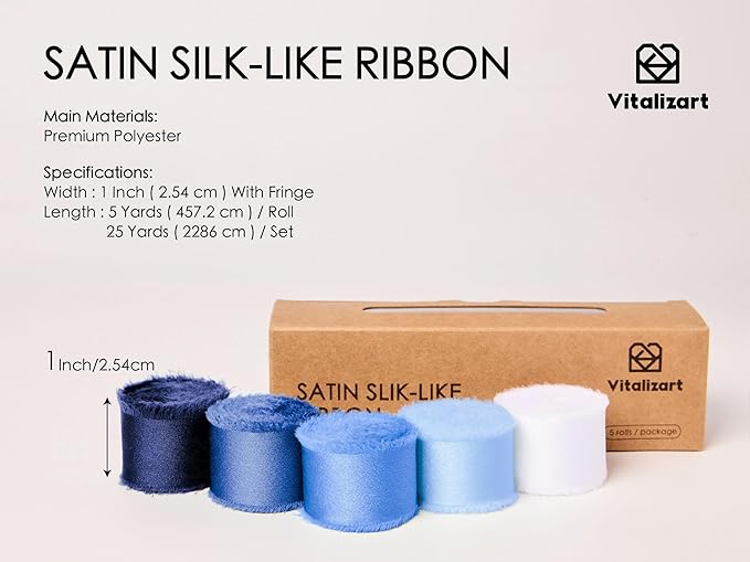 Vitalizart Silk Like Satin Ribbon 1 inch x 25 Yard Blue & White Handmade Frayed - Image 2