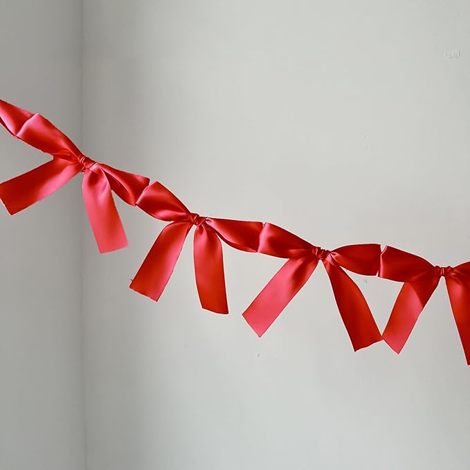 Pre-Assembled Red Bow Garland | Double Side Satin Silk Bow Banner 6FT+ 3ft by Eanjia