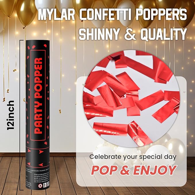 Party Poppers Confetti Cannon 12 Pack Red Poppers 12 Inch Party Shooters Mylar - Image 4