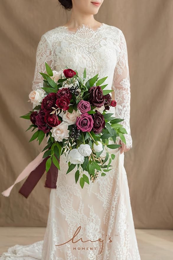 Ling's moment Burgundy Bridal Bouquet Cascading, Marsala Wedding Bouquets - Image 3