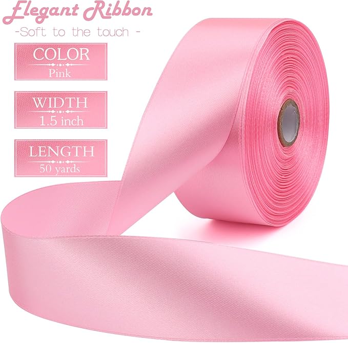 Pink Solid Satin Ribbon 1-1/2 Inch 50 Yards Solid Polyester Fabric Ribbon - Image 2
