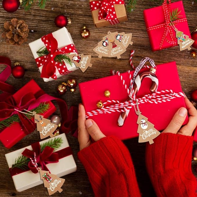LOKIPA 120 Pieces Christmas Kraft Paper Gift Tags, Xmas Tree Present Hang Labels - Image 6