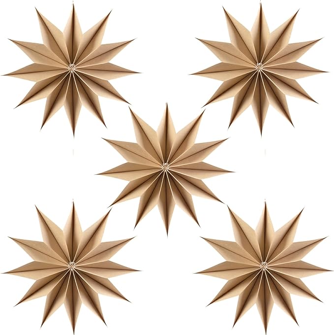5 Pcs 12-Pointed Brown Paper Star Lanterns 12 Inch Hanging Lamp Rustic Paper by EasyJoy
