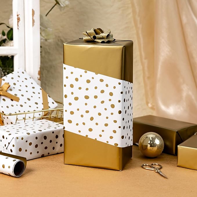 Burymento Golden Lrregular Wave Point Wrapping Paper, Reversible Gold Gift Wrap - Image 6