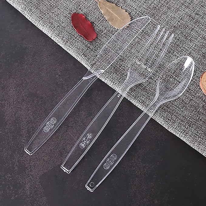 300 Count Clear Plastic Silverware, Heavy Weight Plastic Forks Spoons Knives - Image 3