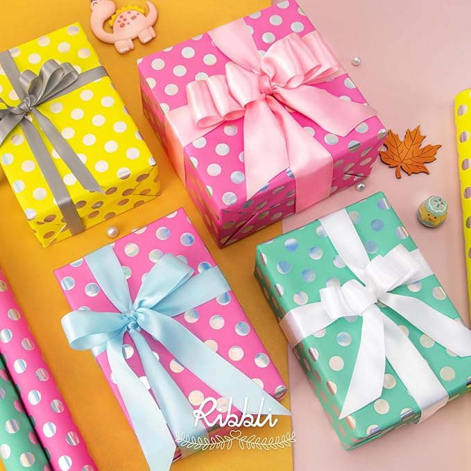 Ribbli Birthday Polka Dots Wrapping Paper Mini Roll, 3 Rolls Fluorescent Pink - Image 6