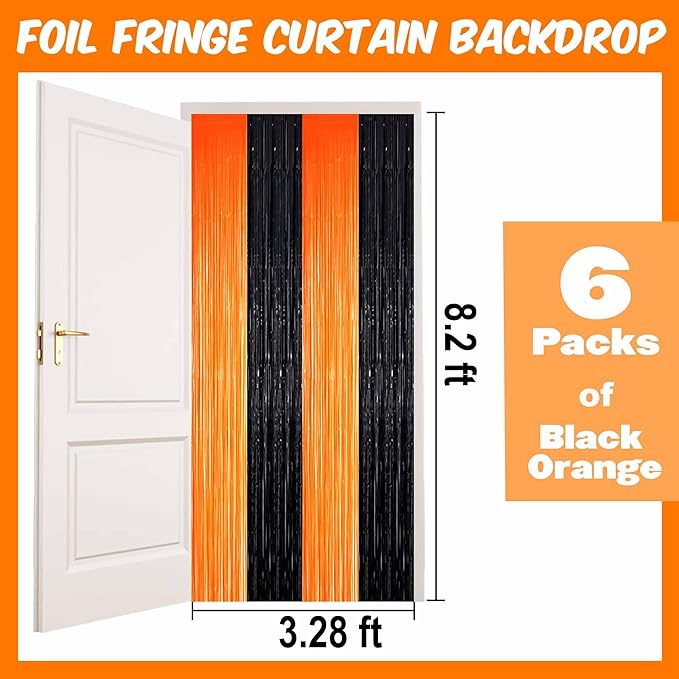 6 Pack Black Orange Foil Fringe Curtains Backdrop, 3.28 x 8.2 Ft Metallic - Image 2