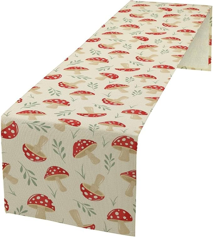 Mushroom Table Runner, Vintage Plant Print Table Runner by Unknown