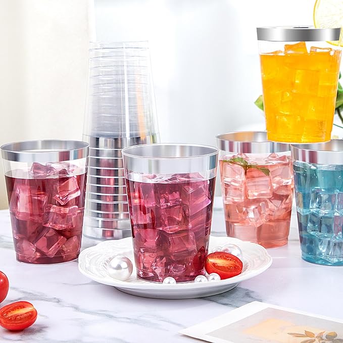 DaYammi 200 Pack Silver Plastic Cups 10 Oz Clear Plastic Cups Silver Rimmed - Image 4