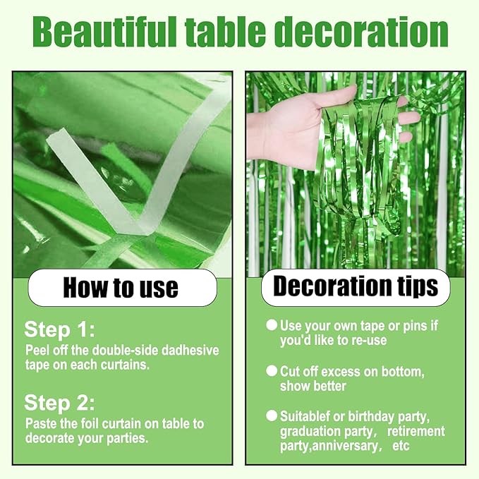 3 Pack 29 x108 Inch Light Green Foil Fringe Table Skirts Metallic Banner - Image 3
