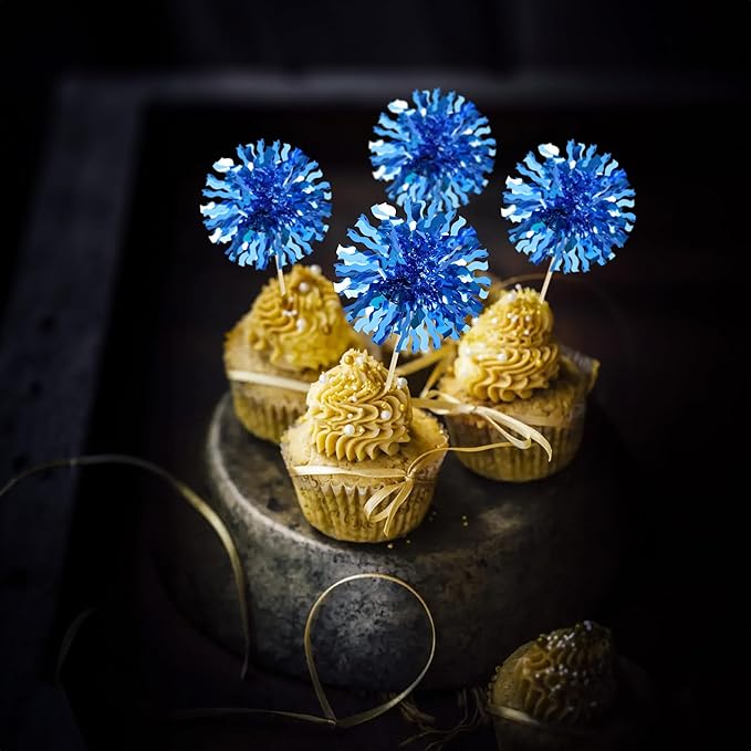Ephlyn 30Pcs Foil Firework Cupcake Toppers Blue Tinsel Flower Drink Stirrers - Image 7