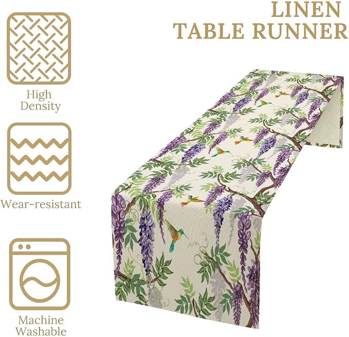 Vintage Bird Flower Table Runner Seasonal Spring Purple Wisteria Garden Plants - Image 4
