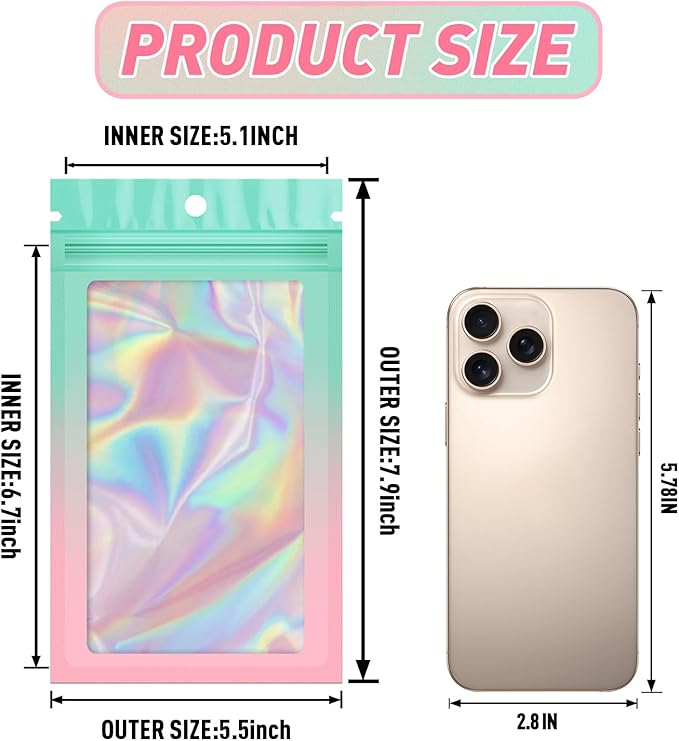 Funfery 100 Pack Gradient Holographic Bags, Mylar Resealable Bags - Image 2