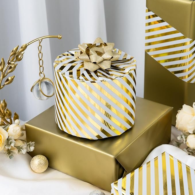 Burymento Platinum Stripe Wrapping Paper, Reversible Gold Gift Wrap - Image 4