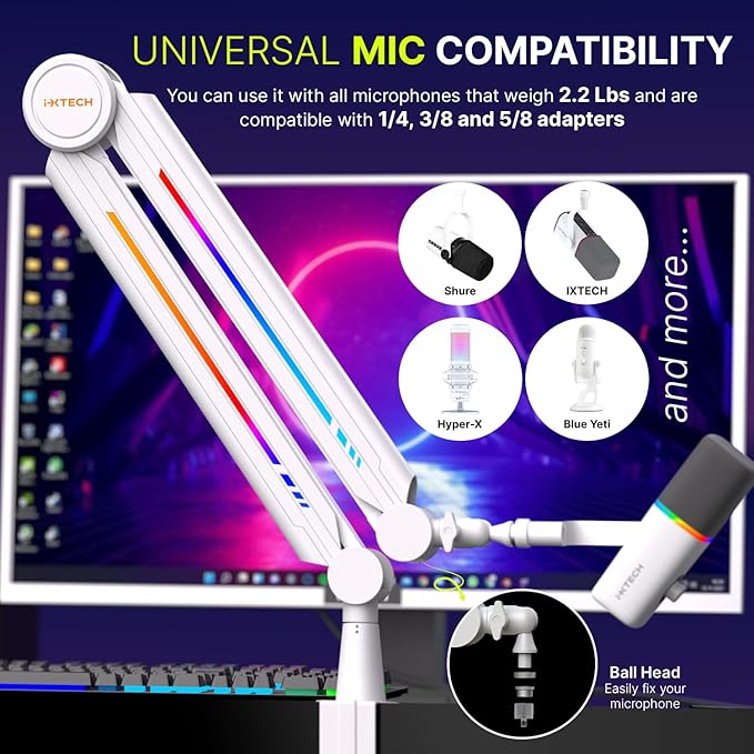 IXTECH RGB Mic Boom Arm High Profile, Overhead Boom Arm Microphone Stand Desk - Image 3