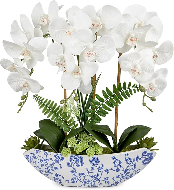 Briful Orchid Artificial Flowers 18in White Fake Orchid Silk Flowers by Briful