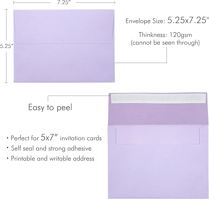 PONATIA 50 Pieces 5x7 Envelopes, Lilac A7 Envelopes Self Seal - Image 4