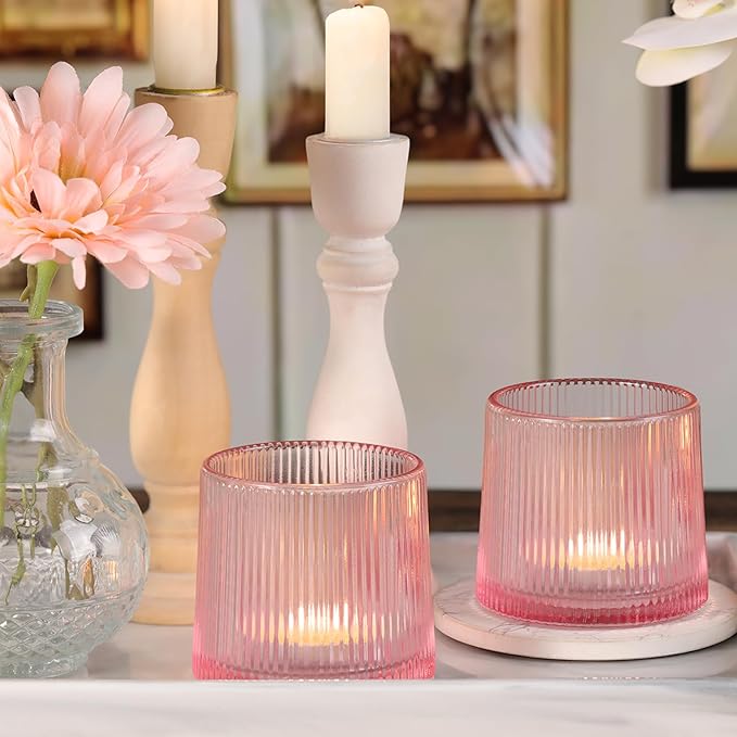 Pink Ribbed Tealight Votive Candle Holders- 6Pack Glass Candle Holders - Image 6
