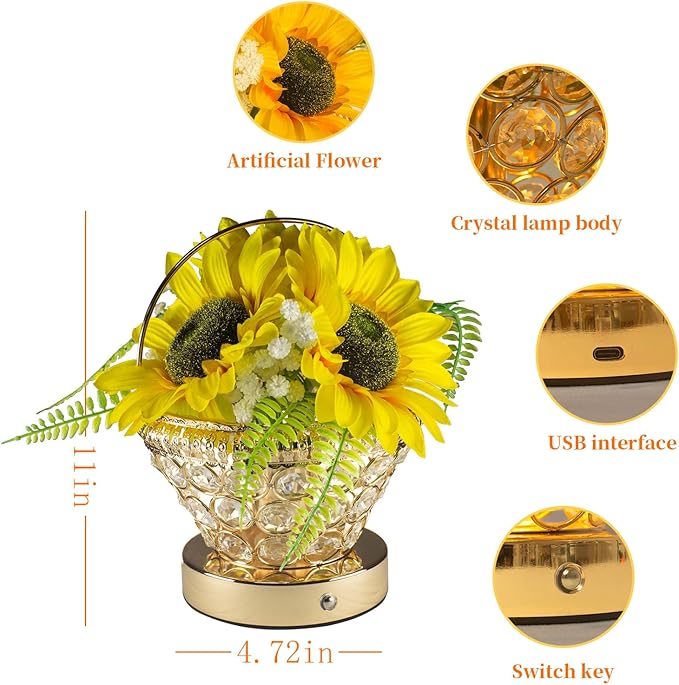 Birthday Gifts for Women, Gift Basket for Mom Sunflower Cordless Table Lamp - Image 5