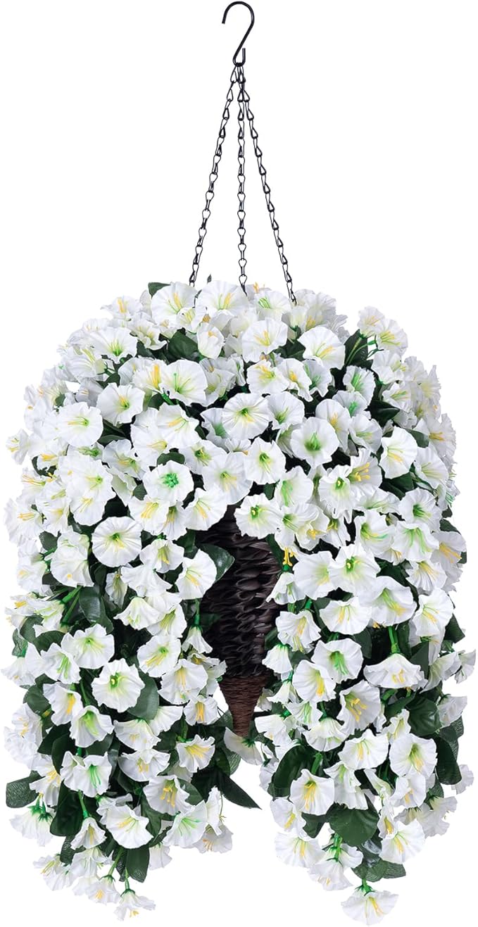 Artificial Faux Hanging White Flowers Plants Basket - Image 7