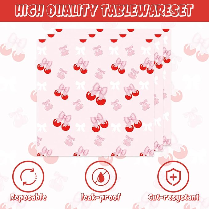 40pcs Cherry Birthday Decorations Bow Cherry Themed Plates and Napkins - Image 4
