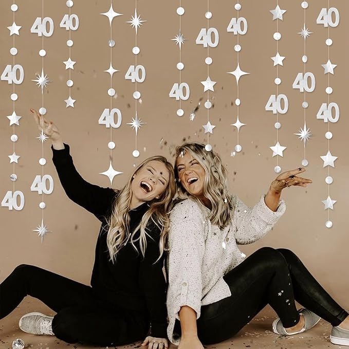 Silver 40th Birthday Decorations Number 40 Circle Dot Twinkle Star Garland - Image 3