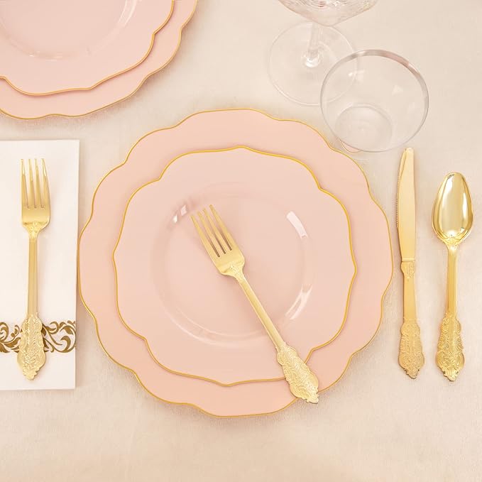 NOCCUR 175PCS Pink Plates with Gold Disposable Silverware - Image 2