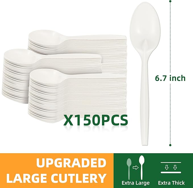 100% Compostable Disposable Spoons, 6.7" 150pcs Heavy Duty Utensils - Image 2