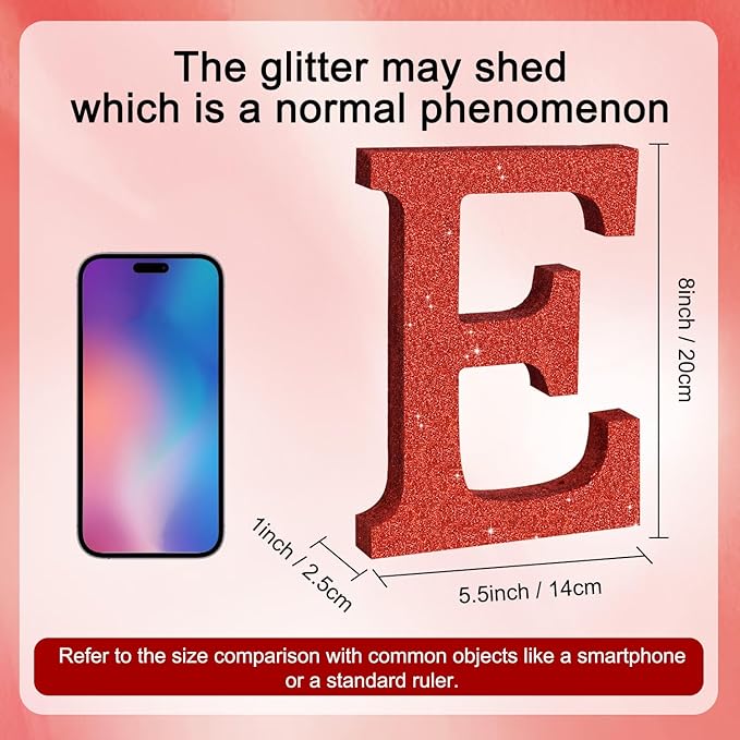 TONIFUL 8 Inch Red Glitter Letter E Table Centerpiece A-Z Red Birthday Party - Image 2