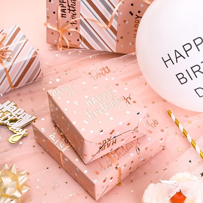 LeZakaa Reversible Pink Birthday Wrapping Paper Roll - Image 5