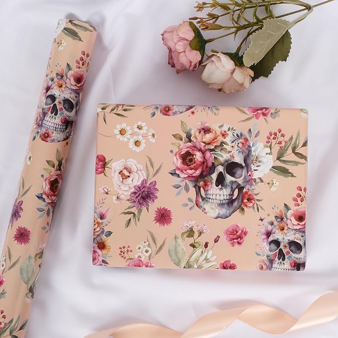 Aimyoo Gothic Wrapping Paper Roll, 17 Inch X 16.5 Fee Skull Floral Berry Design - Image 6