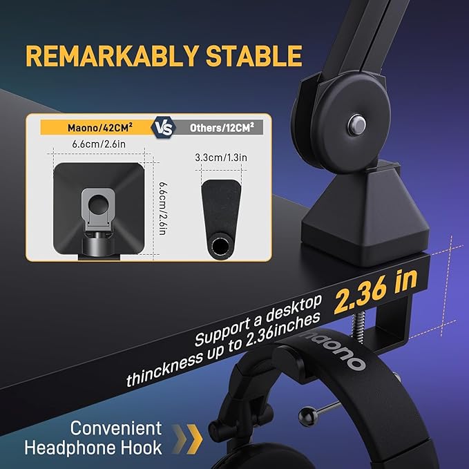 MAONO Microphone Boom Arm: Heavy Duty Adjustable Metal Suspension mic stand - Image 2