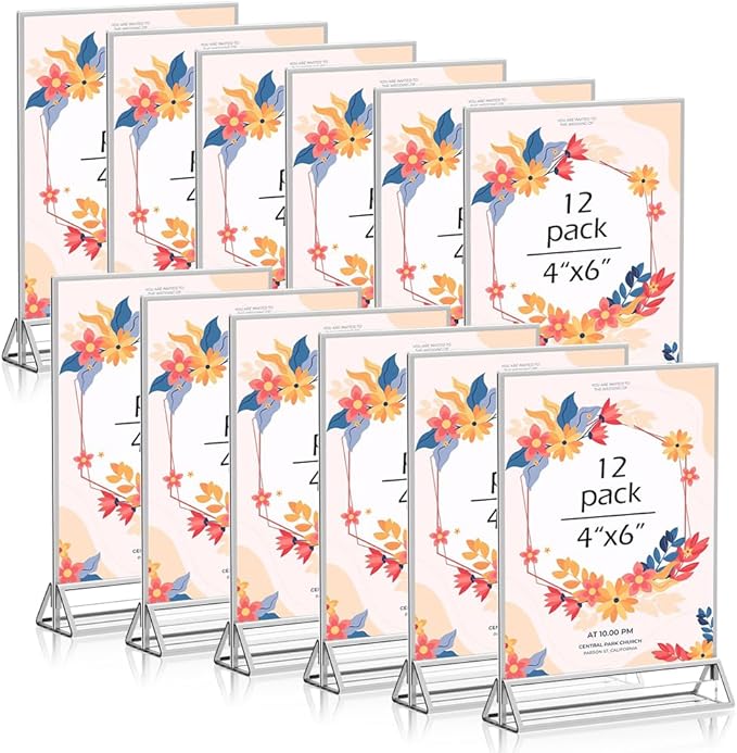 4x 6 Acrylic Sign Holder 12 Pack, Double Sided Silver Picture Frames Clear by kuchisity
