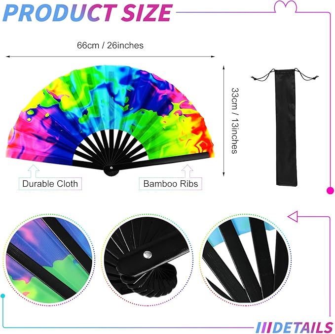 Qunclay 12 Pieces UV Glow Large Rave Folding Hand Fan Festival Fan - Image 7