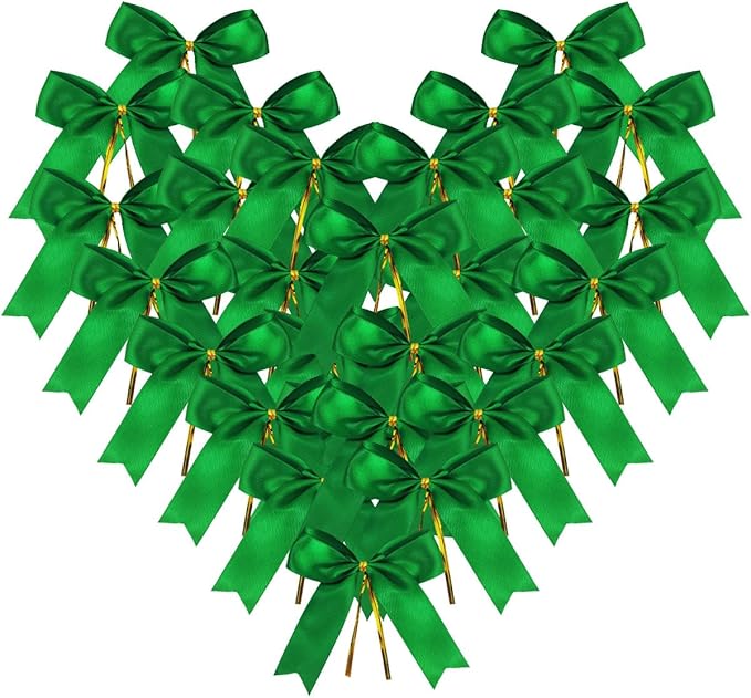 50pcs 3-1/2" Green Twist Ties Satin Green Bows by Micomon