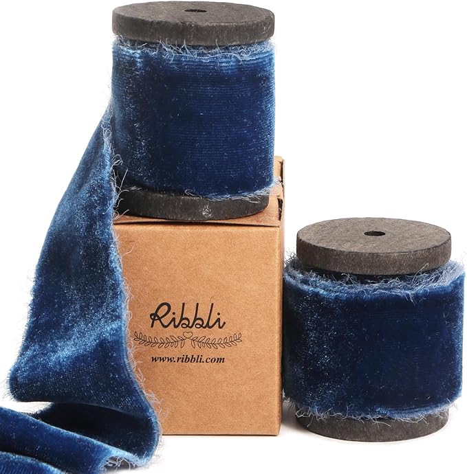 Ribbli Ocean Blue Velvet Ribbon 1.5 Inch Handmade Frayed Vintage Christmas by Ribbli
