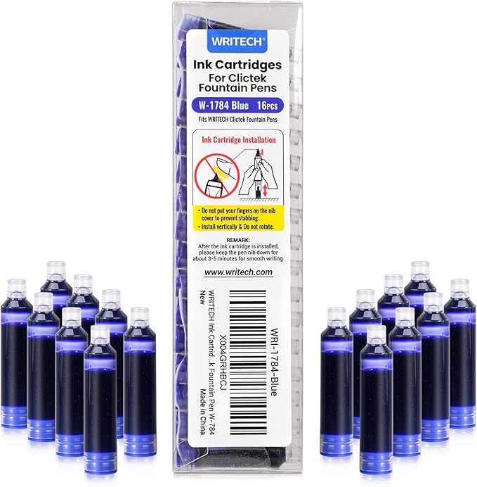 WRITECH Blue Ink Cartridge Set: 16 Ink Cartridges Clictek Fountain Pens by WRITECH