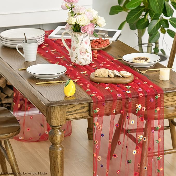 Artoid Mode Red Embroidery Daisy Gauze Table Runner 120 Inch 10FT, Seasonal - Image 4