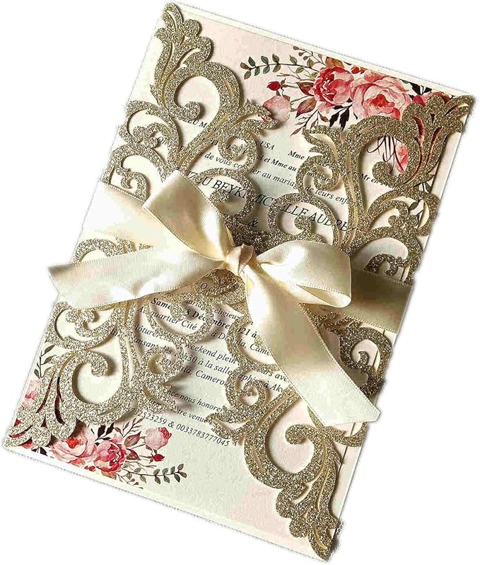 25PCS Champagne Gold Glitter Laser Cut Wedding Invitations Cards - Image 2
